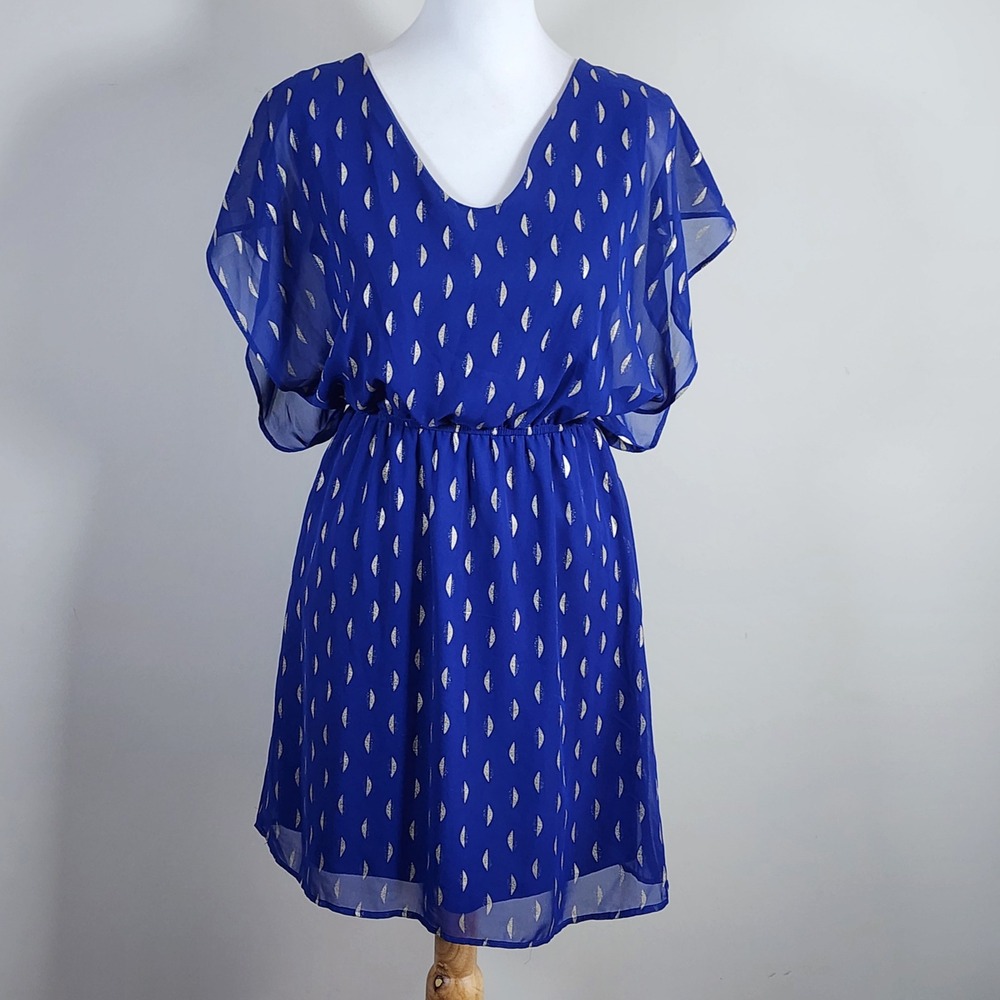 Chiffon Mini Dress Womens Small Blue Gold Foil Print Flutter Sleeve Fairy Drape
